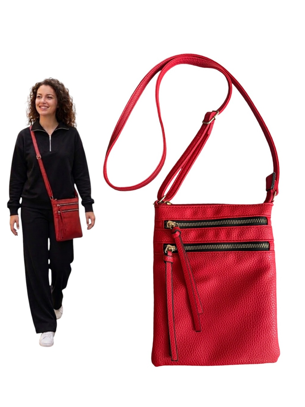 Red Crossbody Pebble Leather Travel Everyday Bag Stylish 9” x 7”